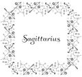 Black and white square banner for the zodiac sign Sagittarius. Monochrome border of hand-drawn decorative bows with arrows, emblem