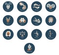 Set of 13 round zodiac signs with Latin names Capricornus, Aguarius, Pisces, Aries, Taurus, Gemini, Cancer, Leo, Virgo, Libra, Sco
