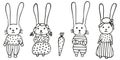 Black and white hand-drawn set of four cute little hares and carrots. Isolated rabbits in scandinavian style. Easter characters. K Royalty Free Stock Photo