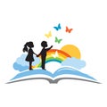 Open book, kids and beautiful rainbow