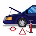 Car accident, flat tire. changing tire with emergency tool kit in cartoon flat  illustration vector isolated in white background Royalty Free Stock Photo