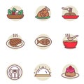 Set of cuisine icons in linear color style