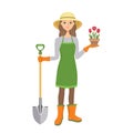 Woman gardener isolated on white background. Young beautiful girl in rubber boots, apron, gloves and gardener hat