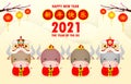 Happy Chinese new year 2021 of the ox zodiac poster design with cow, firecracker and lion dance. the year of the ox greeting card Royalty Free Stock Photo