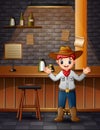 A boy in cowboy clothes standing at the bar