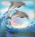 Ocean wave wallpaper with two dolphins, vector