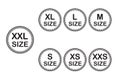 Size clothing stickers or labels set, xxl, xl, l, m, s, xs, xxs. Isolated on white background, vector illustration. Royalty Free Stock Photo