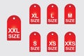 Size clothing red stickers or labels set, xxl, xl, l, m, s, xs, xxs. Isolated on white background, vector illustration Royalty Free Stock Photo