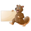 Cartoon beaver holding a blank sign Royalty Free Stock Photo