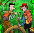 Cartoon two young boys walking in the jungle for camping