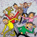 Cartoon crowd people running fear from virus infection