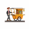 Man selling satay chicken indonesian traditional food in cart cartoon flat illustration vector isolated in white background