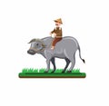 Asian farmer man riding buffalo in grass rice field, outdoor farm countryside activity people in cartoon flat illustration vector Royalty Free Stock Photo