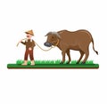 Farmer man walking with his buffalo to rice field, asian people activity in countryside. cartoon flat illustration vector isolated Royalty Free Stock Photo