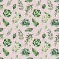 Watercolor Greenery seamless texture with fern,succulent,leaves,branches Royalty Free Stock Photo