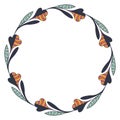 Round frame of wreath made of hand-drawn half black and colorful and striped symbolic flowers with stem and leaves on a white back