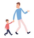Father and son walking together. Cartoon vector illustration. Young handsome dad holding his little son hand and walking together Royalty Free Stock Photo