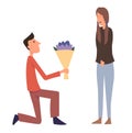 Young guy with a bouquet of flowers on knees proposing young beautiful girl for marriage