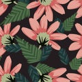 Seamless repeat pattern with flowers in pastel pink on black background. Royalty Free Stock Photo