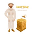 Beekeeper and wooden beehive isolated on white background. Vector illustration of Apiarist man in protective suit