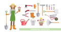 Gardening Set. Vector cartoon flat illustration of garden tool and woman gardener isolated on white background.