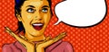 Smiling woman with open mouth. Surprised face with two hands near. Speech bubble. Dots on the background. Vector image comics styl Royalty Free Stock Photo