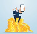 Businessman holding out hand to show blank smartphone screen sitting on money and coins. Finance success, money wealth concept vec Royalty Free Stock Photo