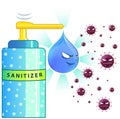 Sanitizer with Drop of water character protects from virus cartoon art