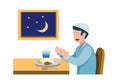 Man pray before meal to breaking the fast, muslim activity eating for fasting in ramadan season. cartoon flat illustration vector