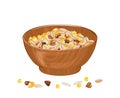 Cereal grains in wooden bowl. Vector illustration of different seeds in cartoon flat style.