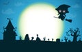 Happy halloween party poster, Cute Little witch silhouette under the moon, halloween banner, halloween trick or Treating Royalty Free Stock Photo