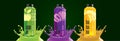 Fruit juice splash bottle set, apple, plum, banana sticker design. Royalty Free Stock Photo