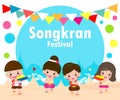 Happy Songkran Festival, kids enjoy splashing water in Songkran festival, Thailand Traditional New Year Day Vector Illustration Royalty Free Stock Photo