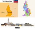 Liechtenstein administrative divisions map. Flat style cityscape of Vaduz. Vector