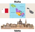 Malta administrative divisions map. Flag of Malta. Flat style cityscape of Valetta. Vector