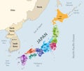 Japan prefectures vector map colored be regions with neighbouring countries and territories