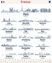 France cities skylines isolated icons in soft blue color palette. Navigation and location signs