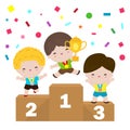 Medalists kids boys standing on competition winner podium, Children with medals for victory stand on the sports pedestal isolated Royalty Free Stock Photo