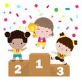 Happy cute kids girls win on podium, Children with medals for victory stand on the sports pedestal isolated on white background.