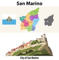 San Marino administrative divisions vector map. Illustration of the fortress of Guaita on Mount Titano