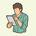 Man using digital tablet cartoon graphic
