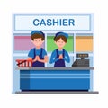 Man and woman in uniform working in cashier counter in convenience store or supermarket in cartoon flat illustration vector isolat