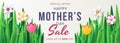 Happy mother`s day sale banner with flowers and grass papercut style.