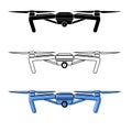 Set of drone icons in 3 different styles, outline, solid, colorful. Express package delivery concept.