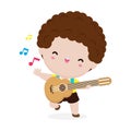 Cute kid playing guitar, happy children boy playing the guitar. Musical performance. isolated vector Illustration Royalty Free Stock Photo