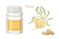 Maca Root capsules isolated on white background. Bottle of pills. Vector illustration