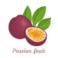 Passion fruit isolated on a white background. Fresh tropical fruit whole, half and green leaf. Royalty Free Stock Photo