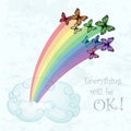 Rainbow with multicolored butterflies and clouds over pastel blue sky background