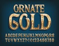 Ornate Gold alphabet font. Fancy golden letters and numbers.