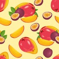 Tropical ripe fruits and green leaves seamless pattern. Vector mango and passion fruit on yellow background.